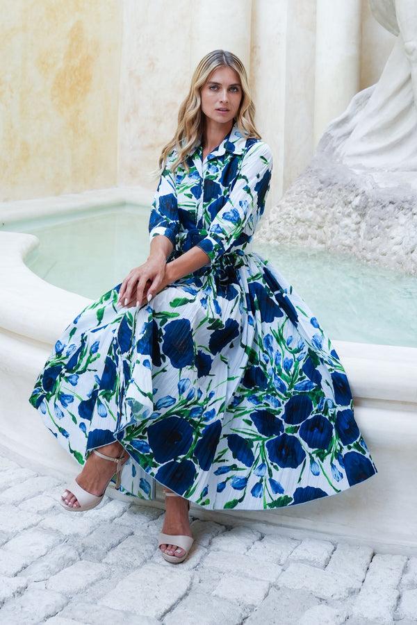 Samantha Sung Terry Dress Shirt Collar 3/4 Sleeve Midi Length Poliamide Taffta (Fiori Poppy Big Pastel)