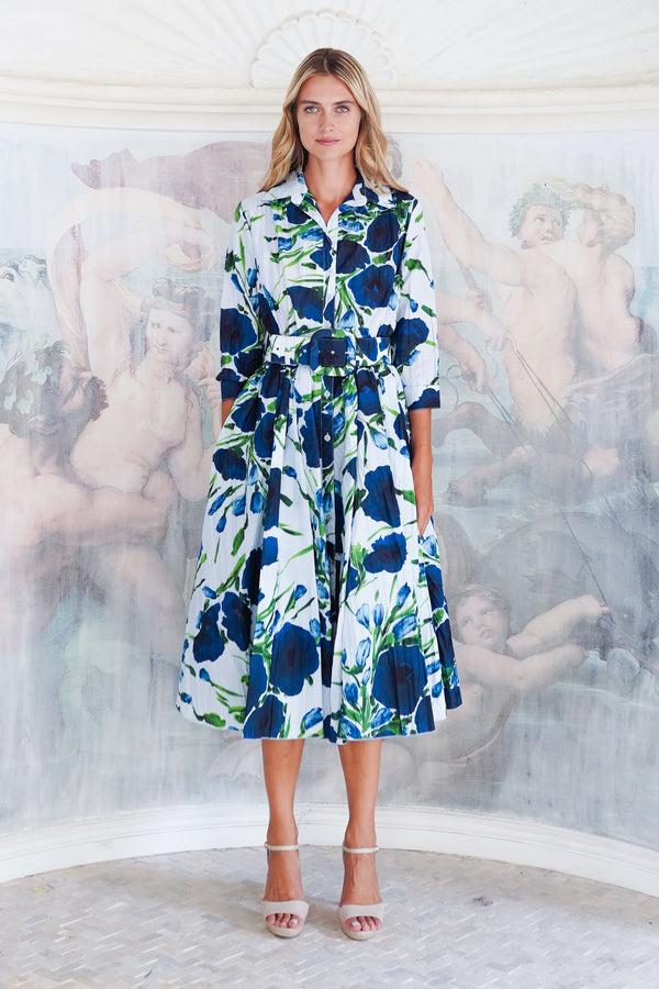 Samantha Sung Terry Dress Shirt Collar 3/4 Sleeve Midi Length Poliamide Taffta (Fiori Poppy Big Pastel)