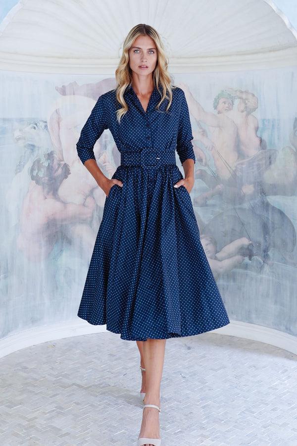 samantha sung Terry Dress Shirt Collar 3/4 Sleeve Midi Length Poliamide Taffta (Gentlemans Dot)