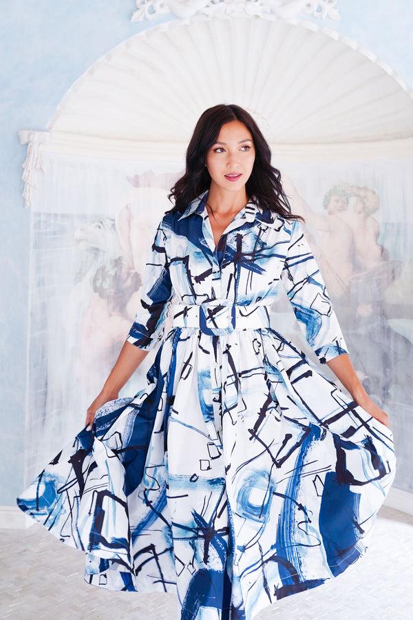 Samantha Sung Terry Dress Shirt Collar 3/4 Sleeve Midi Length Poliamide Taffta (Griffiti Art White)