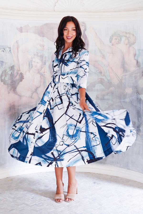 Samantha Sung Terry Dress Shirt Collar 3/4 Sleeve Midi Length Poliamide Taffta (Griffiti Art White)