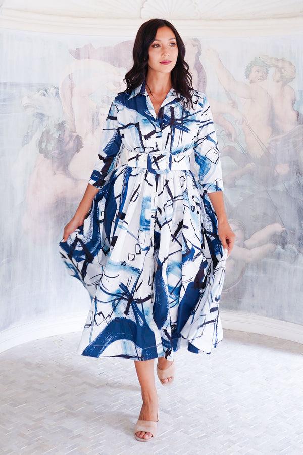 samantha sung Terry Dress Shirt Collar 3/4 Sleeve Midi Length Poliamide Taffta (Griffiti Art White)