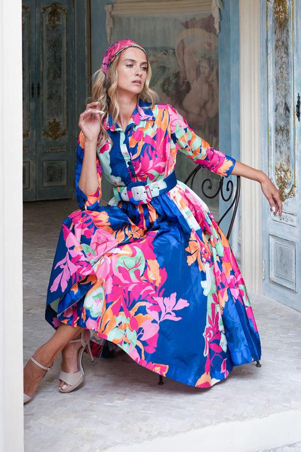 Samantha Sung Terry Dress Shirt Collar 3/4 Sleeve Midi Length Poliamide Taffta (Spanish Garden)