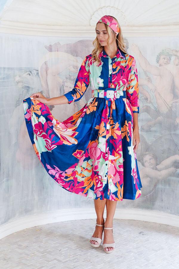 Samantha Sung Terry Dress Shirt Collar 3/4 Sleeve Midi Length Poliamide Taffta (Spanish Garden)