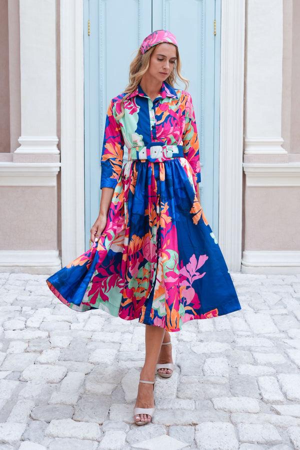 samantha sung Terry Dress Shirt Collar 3/4 Sleeve Midi Length Poliamide Taffta (Spanish Garden)