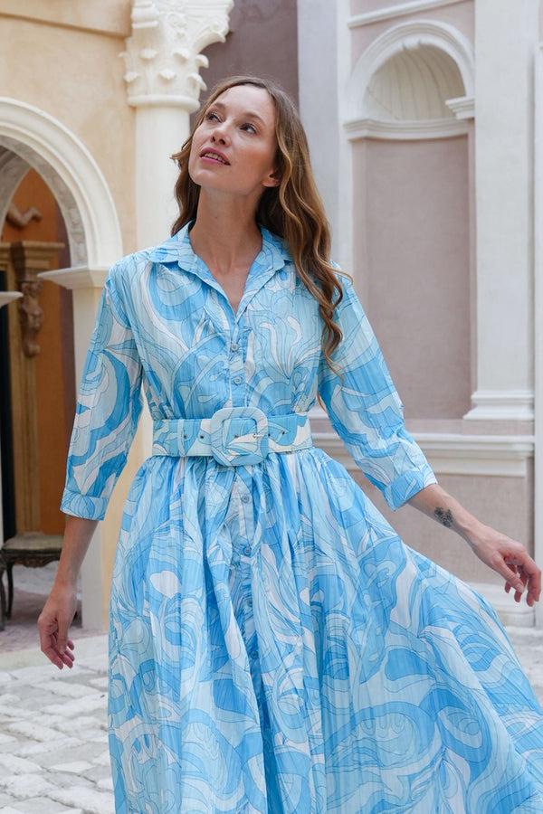 Samantha Sung Terry Dress Shirt Collar 3/4 Sleeve Midi Plus Length Poliamide Taffta (Pucciesque Graphic)