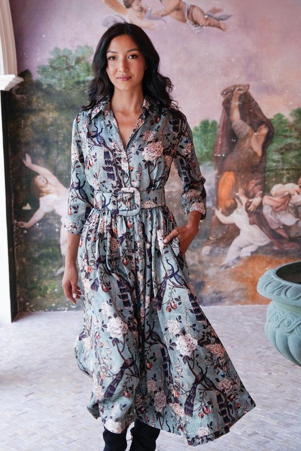 Samantha Sung Terry Dress Shirt Collar 3/4 Sleeve Midi Plus Length Poliamide Taffta (Paradiso)