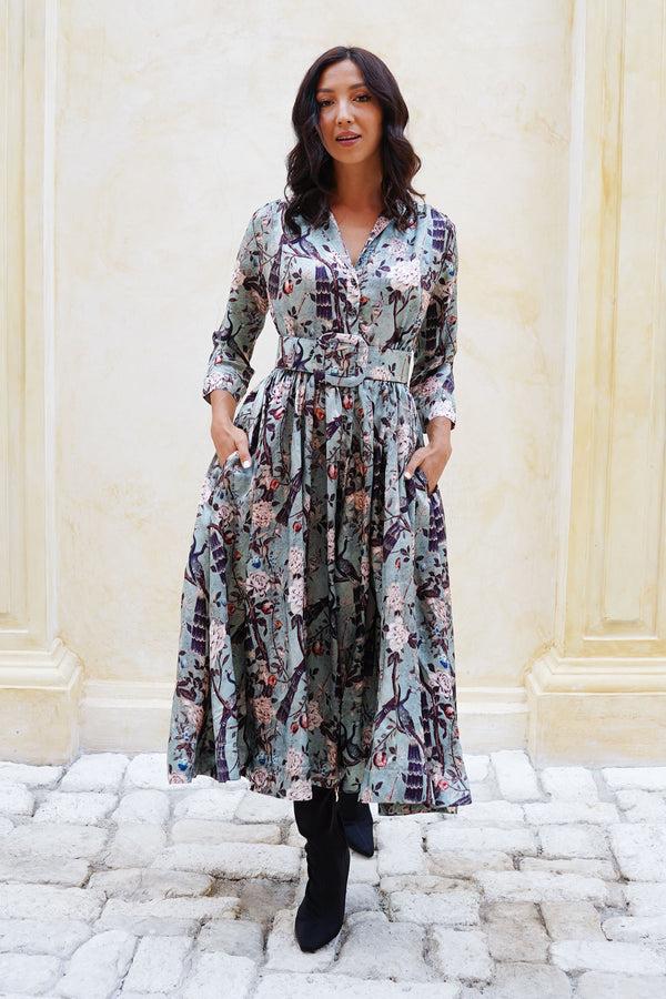 Samantha Sung Terry Dress Shirt Collar 3/4 Sleeve Midi Plus Length Poliamide Taffta (Paradiso)