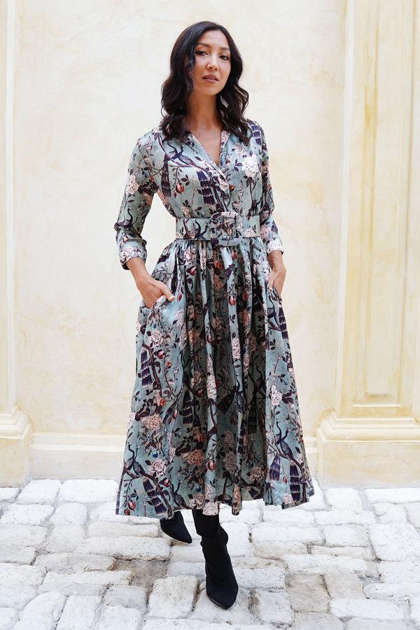 Samantha Sung Terry Dress Shirt Collar 3/4 Sleeve Midi Plus Length Poliamide Taffta (Paradiso)