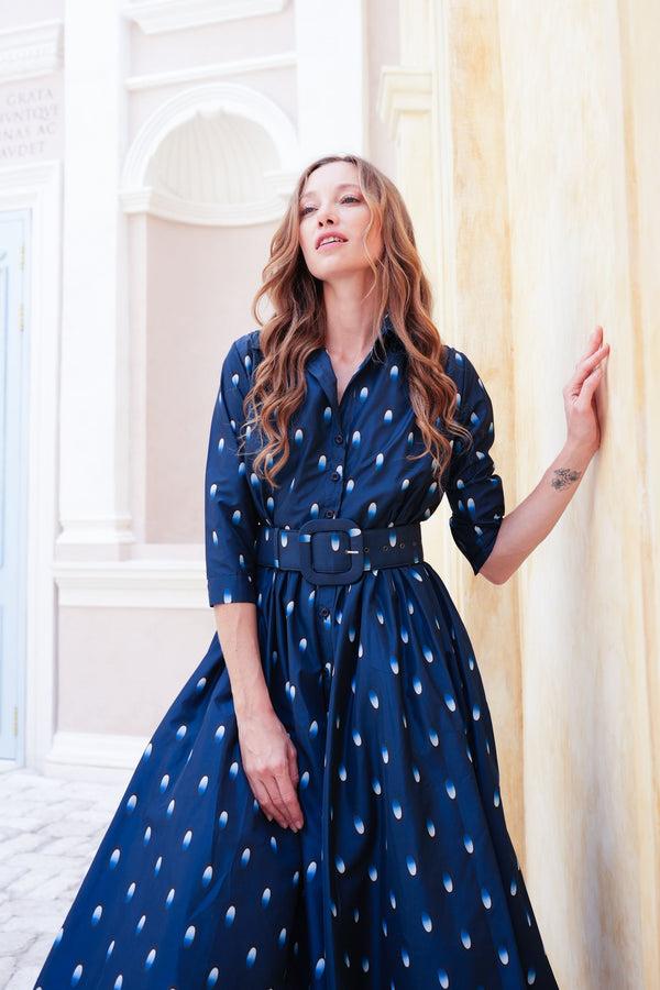 Samantha Sung Terry Dress Shirt Collar 3/4 Sleeve Midi Plus Length Poliamide Taffta (Grading Dots)