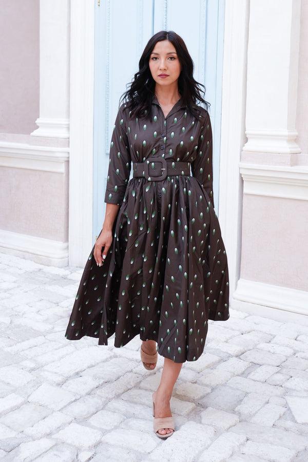 Samantha Sung Terry Dress Shirt Collar 3/4 Sleeve Midi Plus Length Poliamide Taffta (Grading Dots)