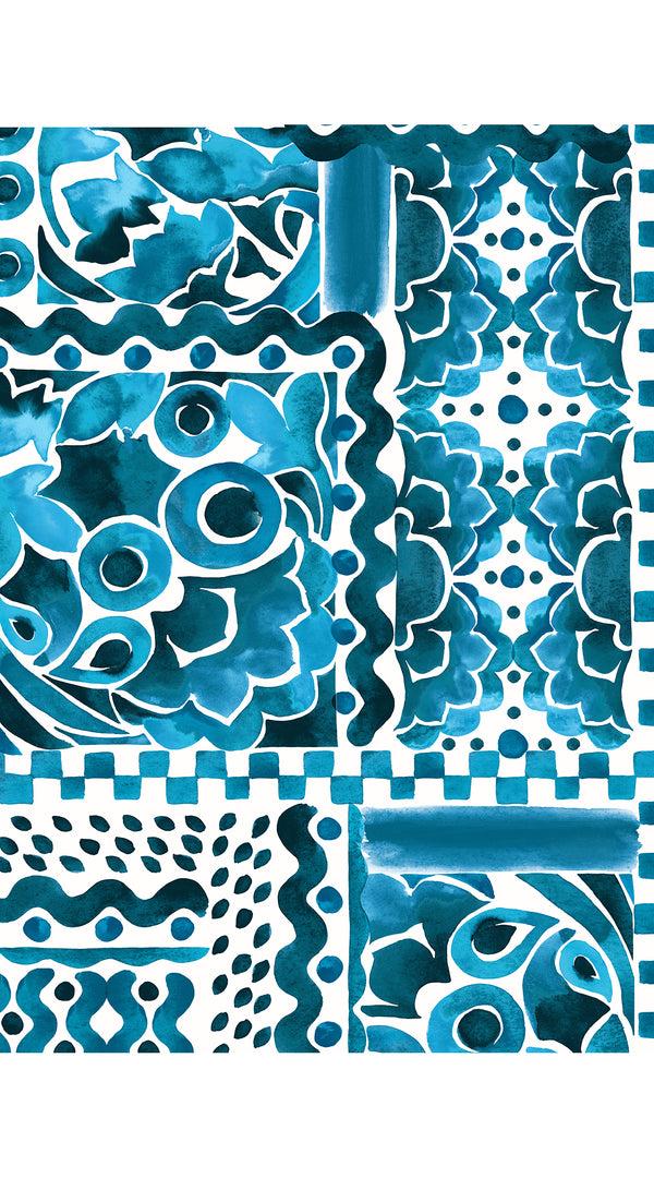 Samantha Sung Terry Dress Shirt Collar 3/4 Sleeve Midi Plus Length Poliamide Taffta (Watercolor Tile Mono)