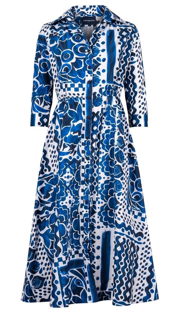 samantha sung Terry Dress Shirt Collar 3/4 Sleeve Midi Plus Length Poliamide Taffta (Watercolor Tile Mono)