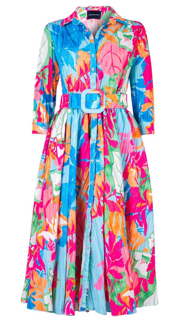 samantha sung Terry Dress Shirt Collar 3/4 Sleeve Midi Plus Length Poliamide Taffta (Spanish Garden)