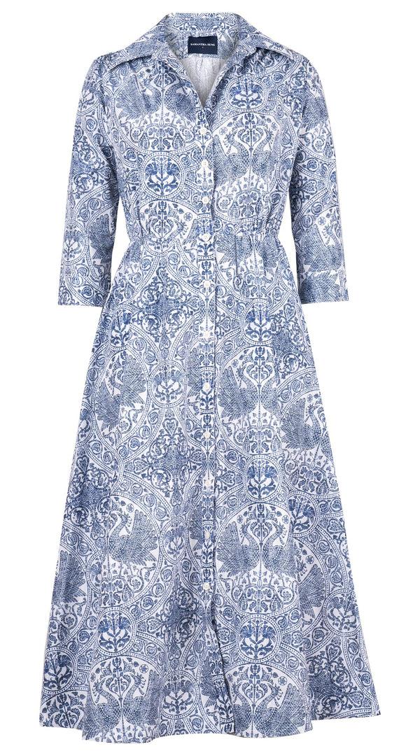 samantha sung Terry Dress Shirt Collar 3/4 Sleeve Midi Plus Length Poliamide Taffta (Peacock Toile White)