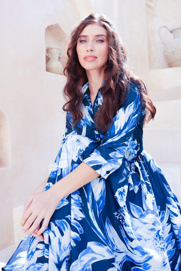 Samantha Sung Terry Dress Shirt Collar 3/4 Sleeve Midi Plus Length Poliamide Taffta (Mum Flower Big Pastel)