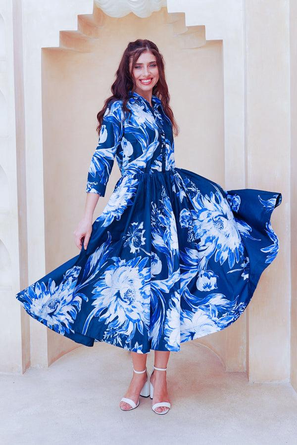 Samantha Sung Terry Dress Shirt Collar 3/4 Sleeve Midi Plus Length Poliamide Taffta (Mum Flower Big Pastel)