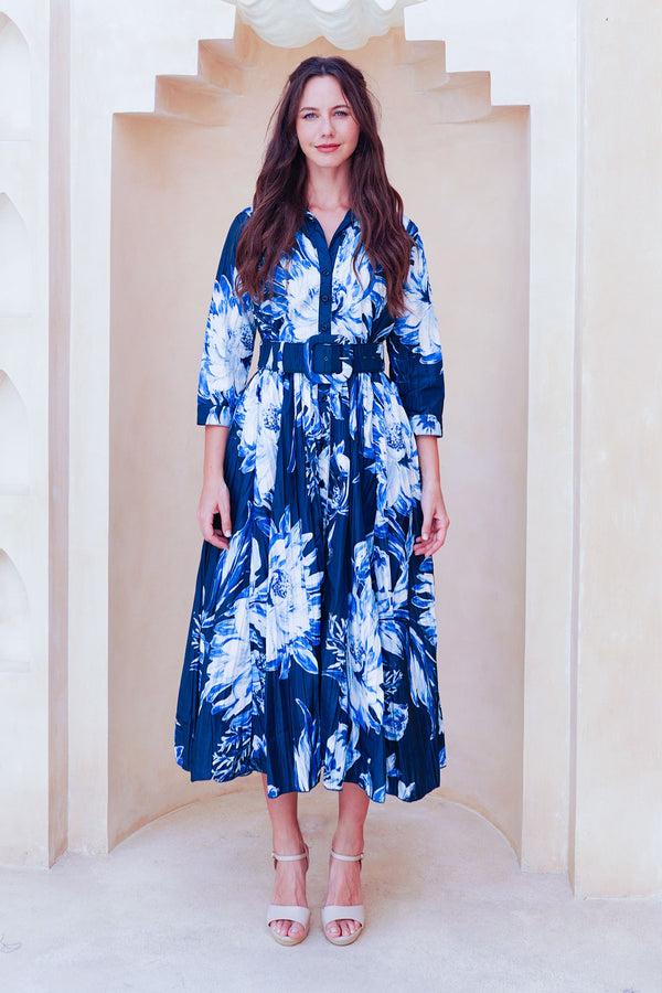 samantha sung Terry Dress Shirt Collar 3/4 Sleeve Midi Plus Length Poliamide Taffta (Mum Flower Big Pastel)