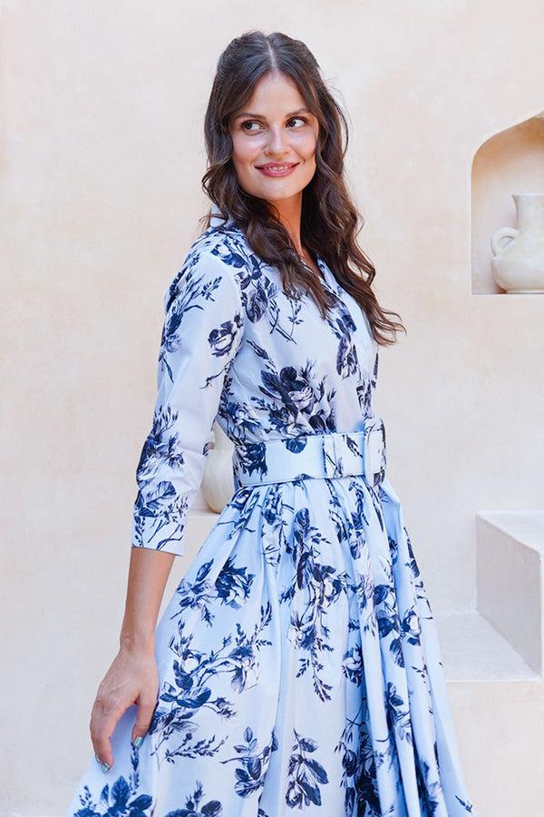 Samantha Sung Terry Dress Shirt Collar 3/4 Sleeve Midi Plus Length Poliamide Taffta (Thorn Bud Rose Small Ground)