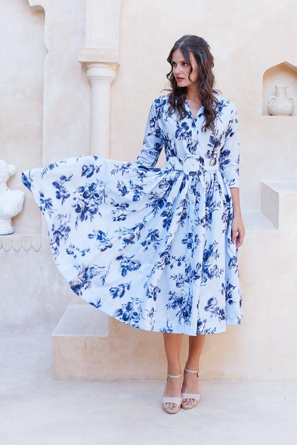 Samantha Sung Terry Dress Shirt Collar 3/4 Sleeve Midi Plus Length Poliamide Taffta (Thorn Bud Rose Small Ground)