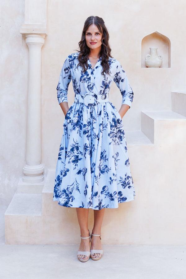 samantha sung Terry Dress Shirt Collar 3/4 Sleeve Midi Plus Length Poliamide Taffta (Thorn Bud Rose Small Ground)