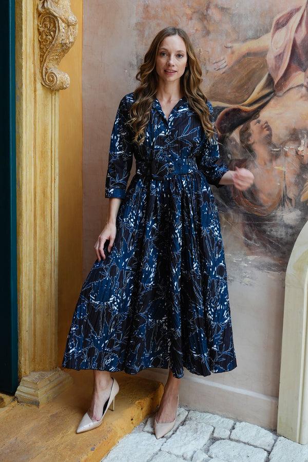 Samantha Sung Terry Dress Shirt Collar 3/4 Sleeve Midi Plus Length Poliamide Taffta (Primavery Silhouette Ground)