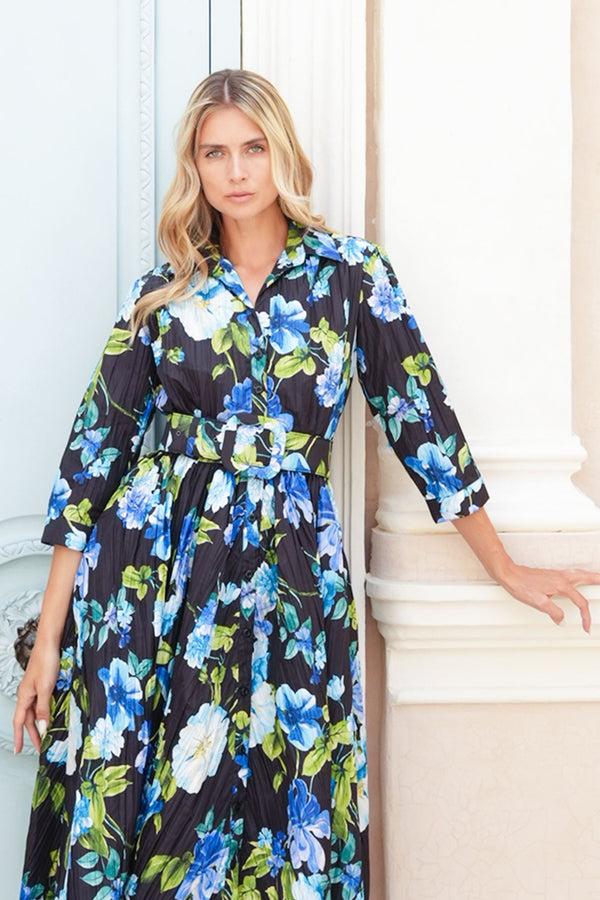 Samantha Sung Terry Dress Shirt Collar 3/4 Sleeve Midi Plus Length Poliamide Taffta (Fiori Florance)