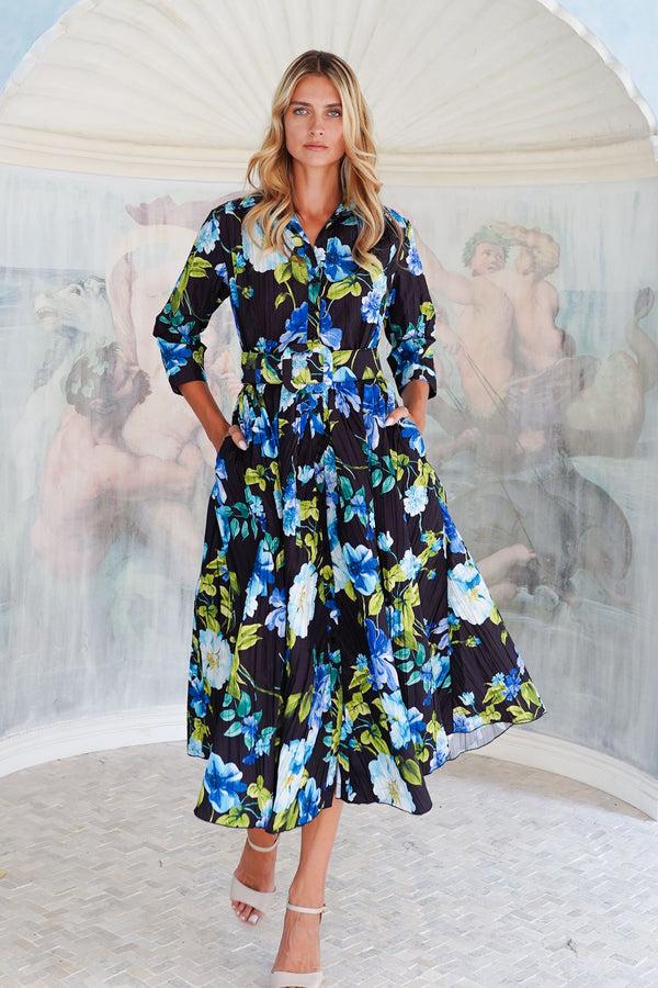 samantha sung Terry Dress Shirt Collar 3/4 Sleeve Midi Plus Length Poliamide Taffta (Fiori Florance)