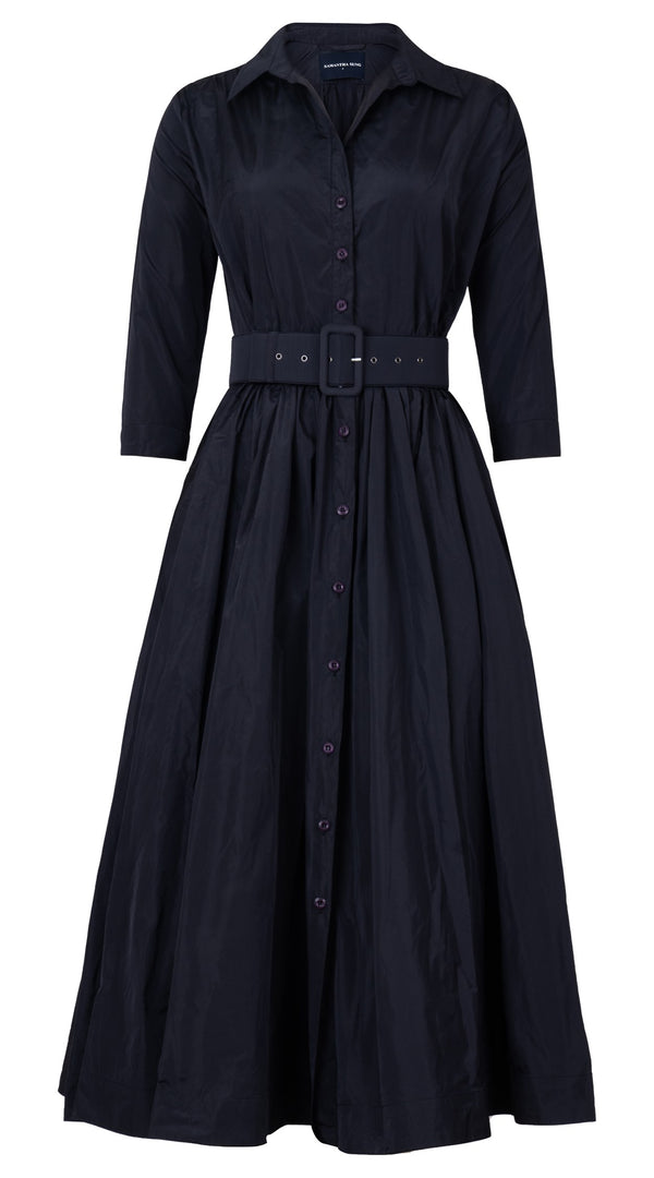 Samantha Sung Terry Dress Shirt Collar 3/4 Sleeve Midi Plus Length Silk Taffta (Solid) (Solid)