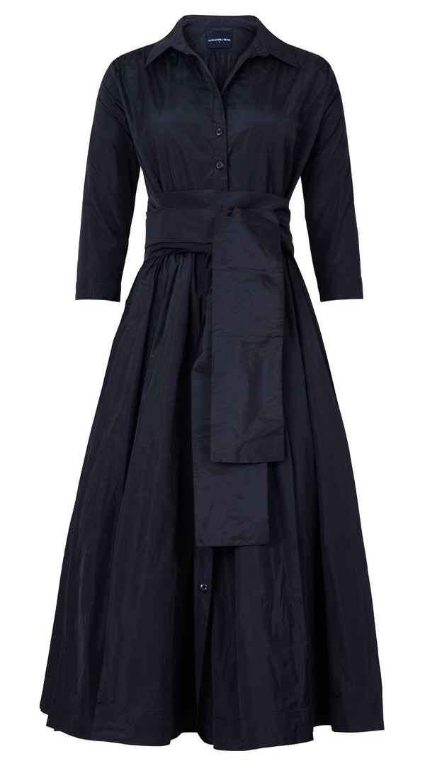 Samantha Sung Terry Dress Shirt Collar 3/4 Sleeve Midi Plus Length Silk Taffta (Solid) (Solid)