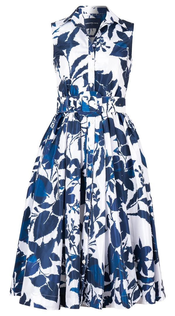 samantha sung Terry Dress Shirt Collar Sleeveless Midi Length Poliamide Taffta (Genova Mono Flower White)