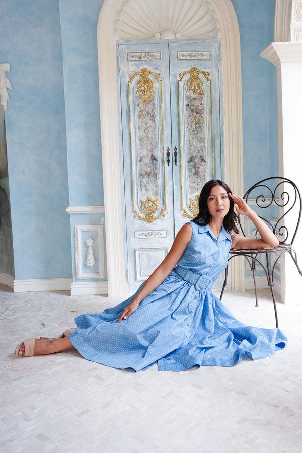 Samantha Sung Terry Dress Shirt Collar Sleeveless Midi Length Poliamide Taffta (Gentlemans Dot)