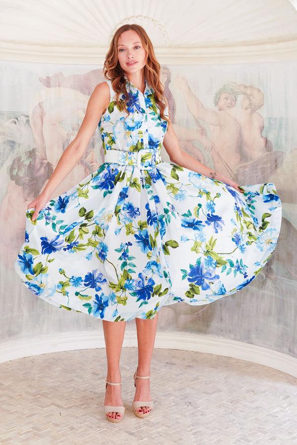 Samantha Sung Terry Dress Shirt Collar Sleeveless Midi Length Poliamide Taffta (Fiori Florance)