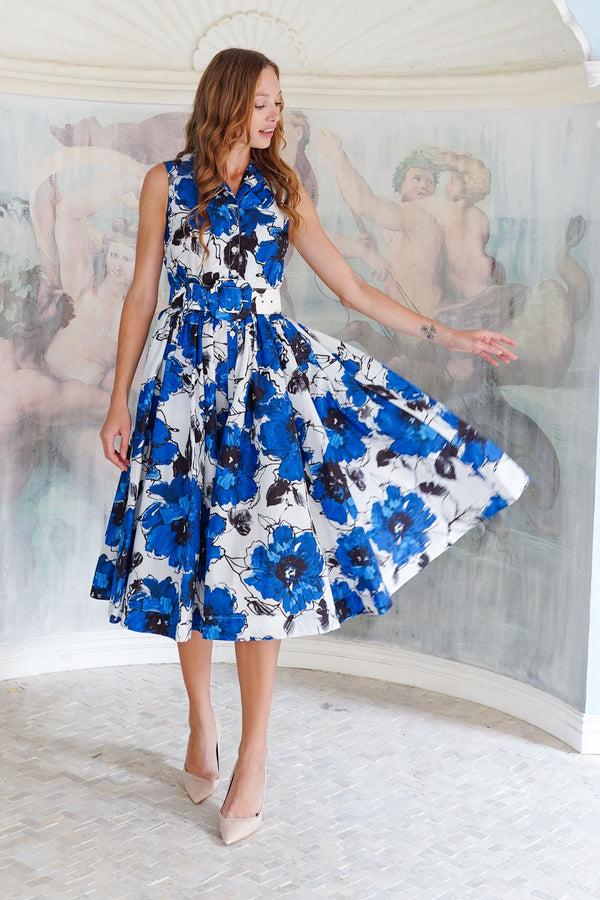 Samantha Sung Terry Dress Shirt Collar Sleeveless Midi Length Poliamide Taffta (Fiori D'este Small)