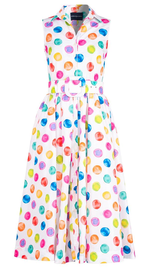 samantha sung Terry Dress Shirt Collar Sleeveless Midi Plus Length Poliamide Taffta (Watercolor Dots Small)
