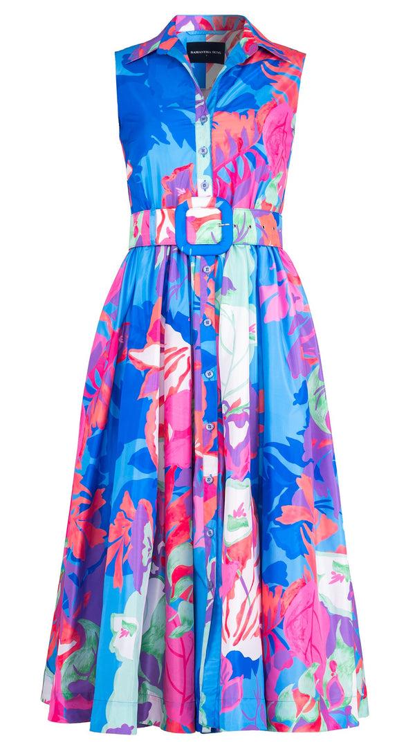 samantha sung Terry Dress Shirt Collar Sleeveless Midi Plus Length Poliamide Taffta (Spanish Garden)