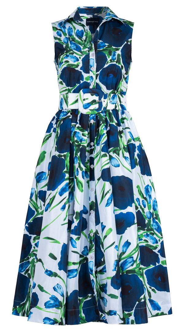 samantha sung Terry Dress Shirt Collar Sleeveless Midi Plus Length Poliamide Taffta (Fiori Poppy Big Pastel)