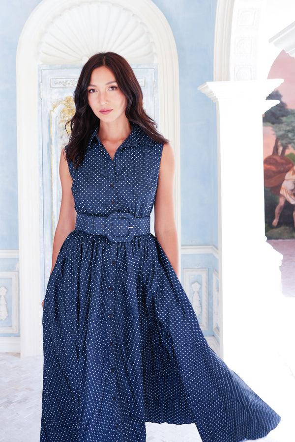 Samantha Sung Terry Dress Shirt Collar Sleeveless Midi Plus Length Poliamide Taffta (Gentlemans Dot)