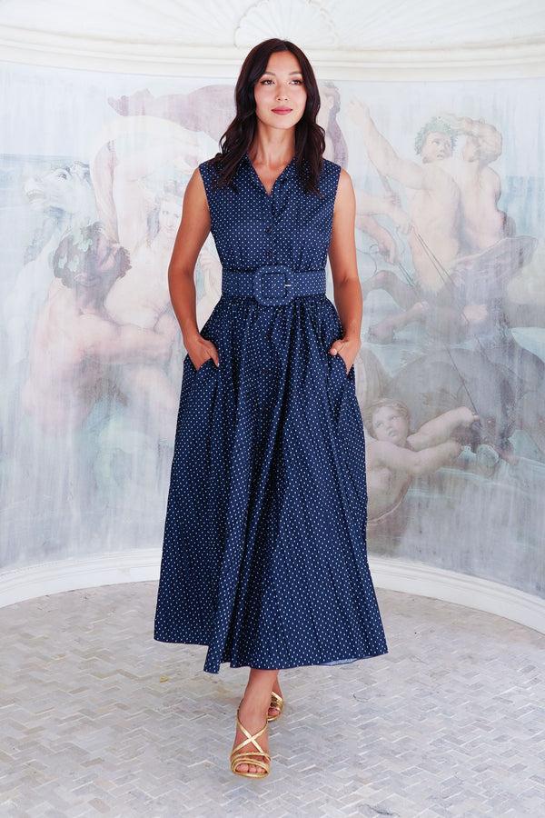 Samantha Sung Terry Dress Shirt Collar Sleeveless Midi Plus Length Poliamide Taffta (Gentlemans Dot)