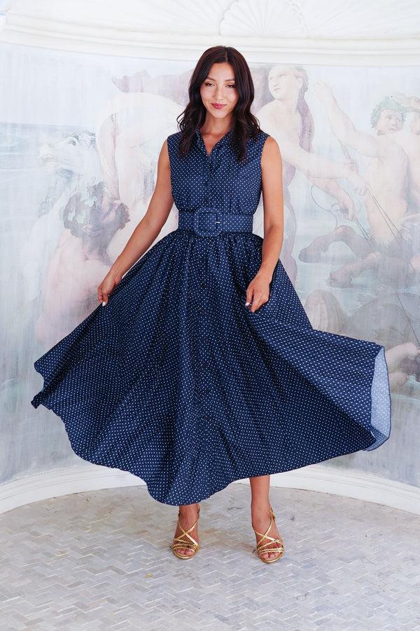 samantha sung Terry Dress Shirt Collar Sleeveless Midi Plus Length Poliamide Taffta (Gentlemans Dot)