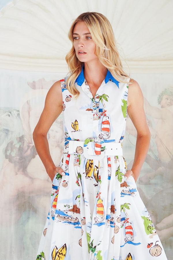 Samantha Sung Terry Dress Shirt Collar Sleeveless Midi Plus Length Poliamide Taffta (Hawaiian Souvenir)