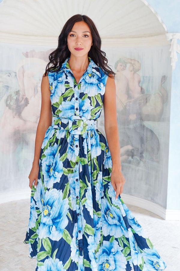 Samantha Sung Terry Dress Shirt Collar Sleeveless Midi Plus Length Poliamide Taffta (Pastel Magnolia Ground)