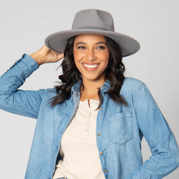 San Diego Hat Company Mia - Faux Felt Fedora With Pinch Crown And Gold Trim Band Charcoal