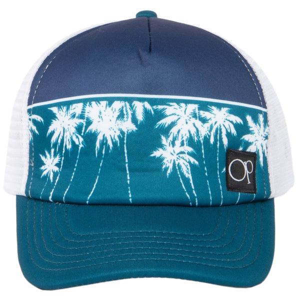 San Diego Hat Company Ocean Pacific - 5 Panel Trucker Hat With White Palm Tree Print