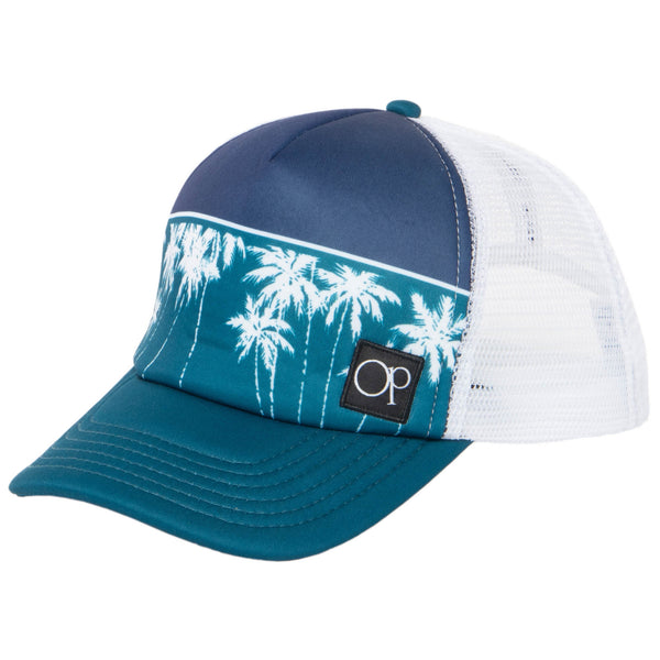san diego hat company Ocean Pacific - 5 Panel Trucker Hat with White Palm Tree Print
