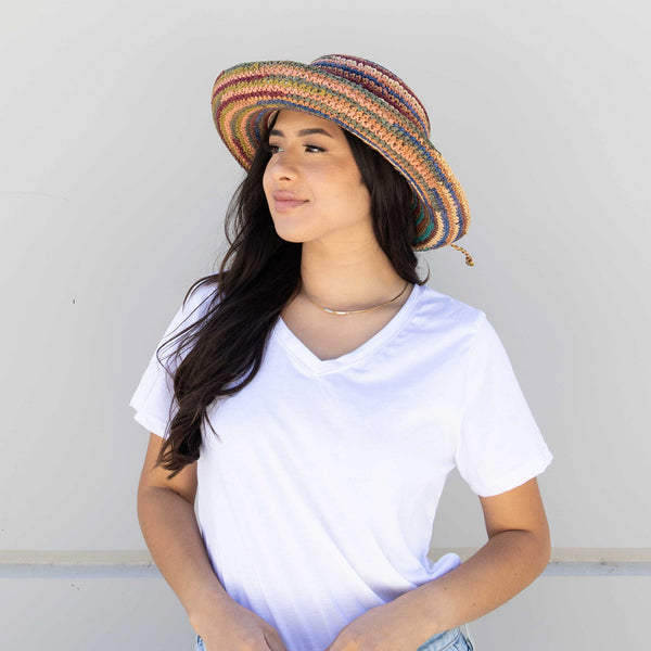 San Diego Hat Company Women's Crocheted Raffia Kettle Brim Hat Mixed Pastels