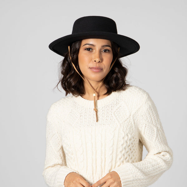 San Diego Hat Company Women's Faux Felt Boater W/ Faux Leather Chin Cord Black