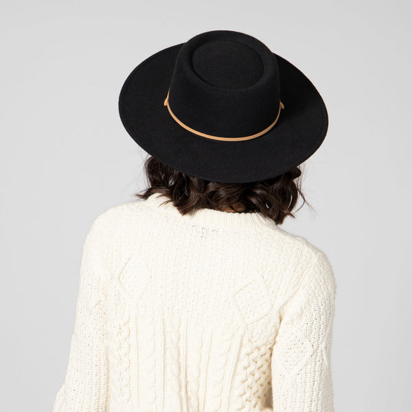 San Diego Hat Company Women's Faux Felt Boater W/ Faux Leather Chin Cord Black