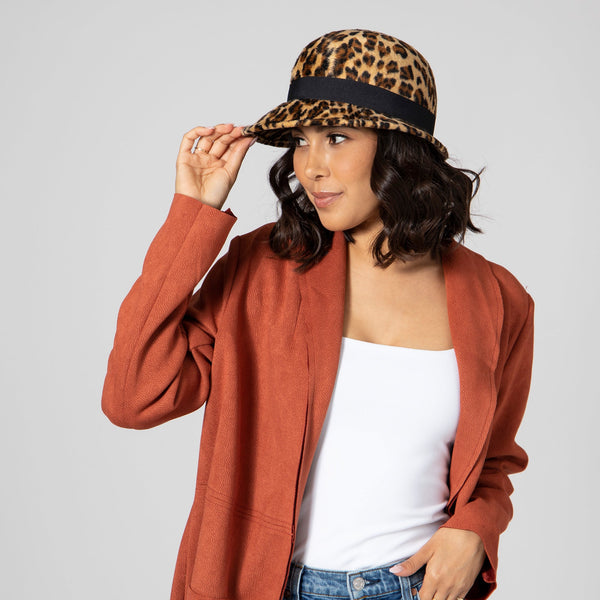 San Diego Hat Company Women's Faux Wool Felt Leopard Cloche With Grosgrain Bow