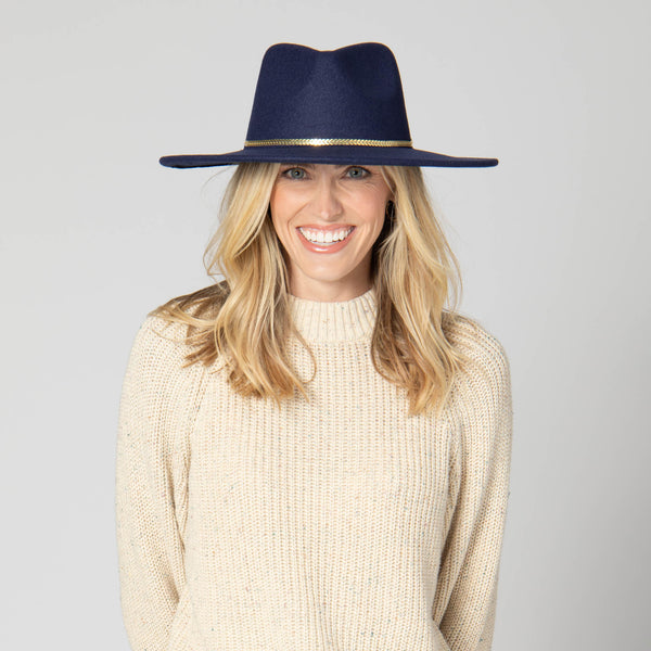 San Diego Hat Company Women's Fedora With Chevron Gold Chain Trim Navy